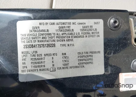 2007 Suzuki Xl7 Luxury z USA, uszkodzony, nr VIN 2S3DB417976126228